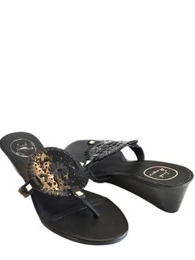 Jack Rogers Medallion Wedge Sandals Women’s 10 Black Leather Thong Slip-ons